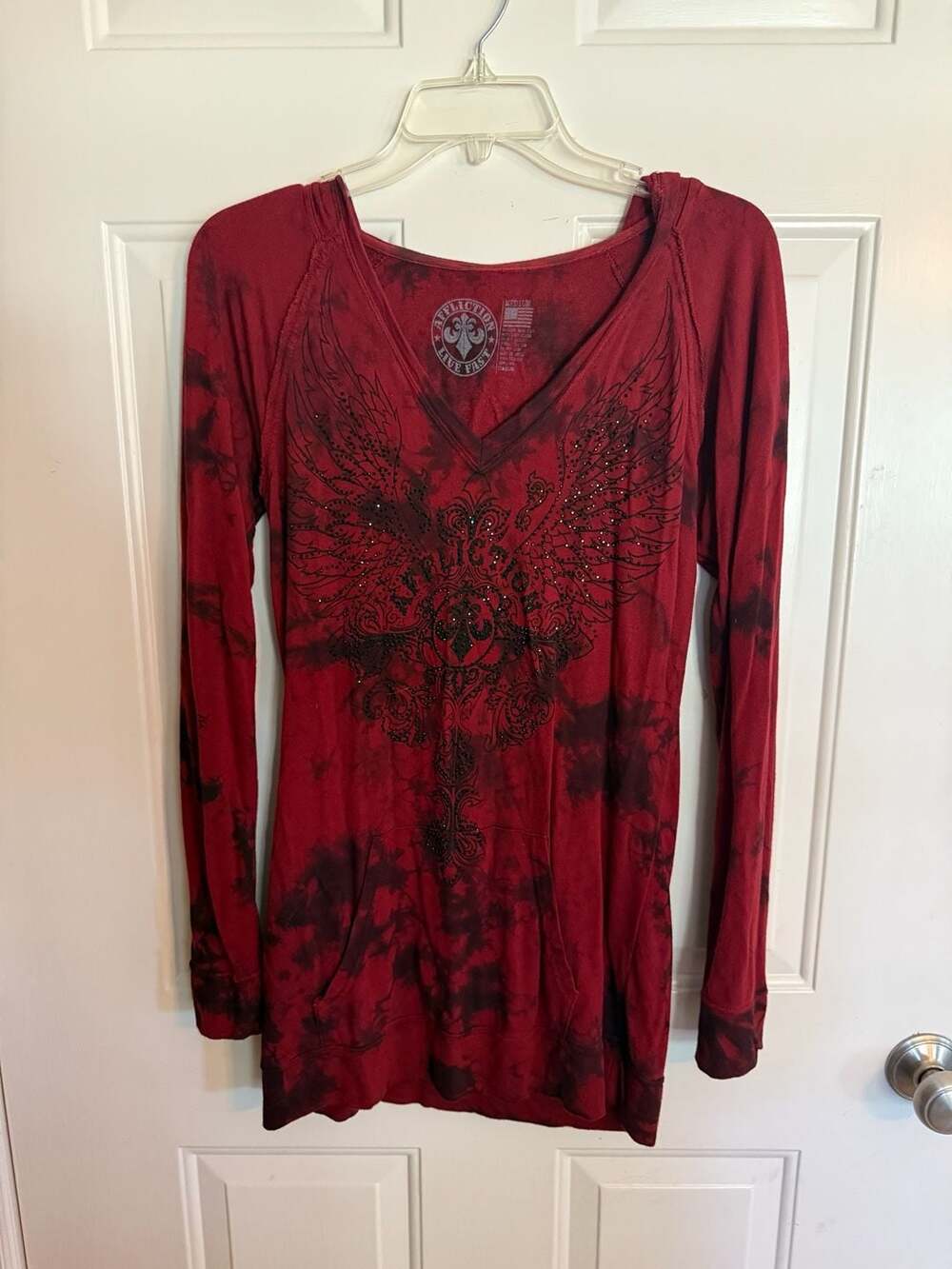 Affliction Live Fast Hoodie Size Medium Red Black Tie Dye Rhinestone